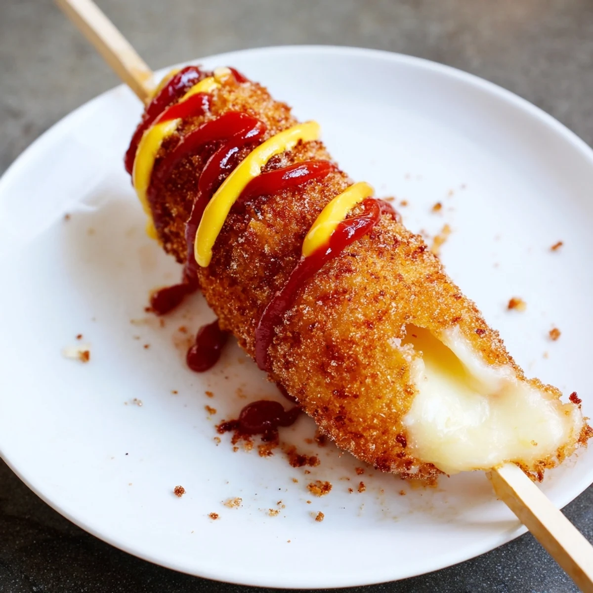 Golden-brown Cheesy Korean Corn Dogs, freshly fried and topped with sweet sugar, ready to eat.