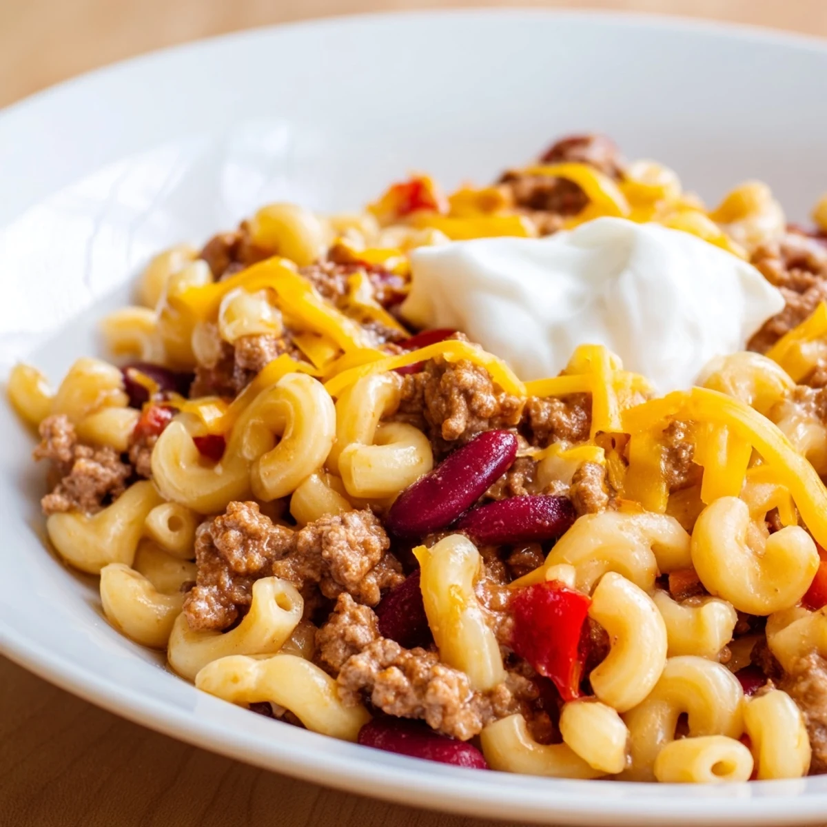 A steaming bowl of one-pot chili mac with melted cheese and ready to eat.