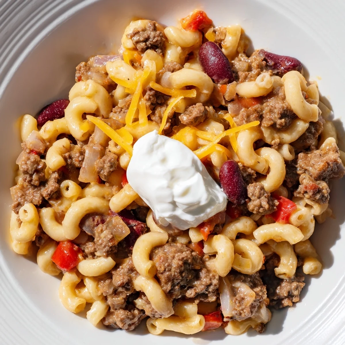Hearty one-pot chili mac showcasing tender macaroni, ground beef, and flavorful tomato sauce.