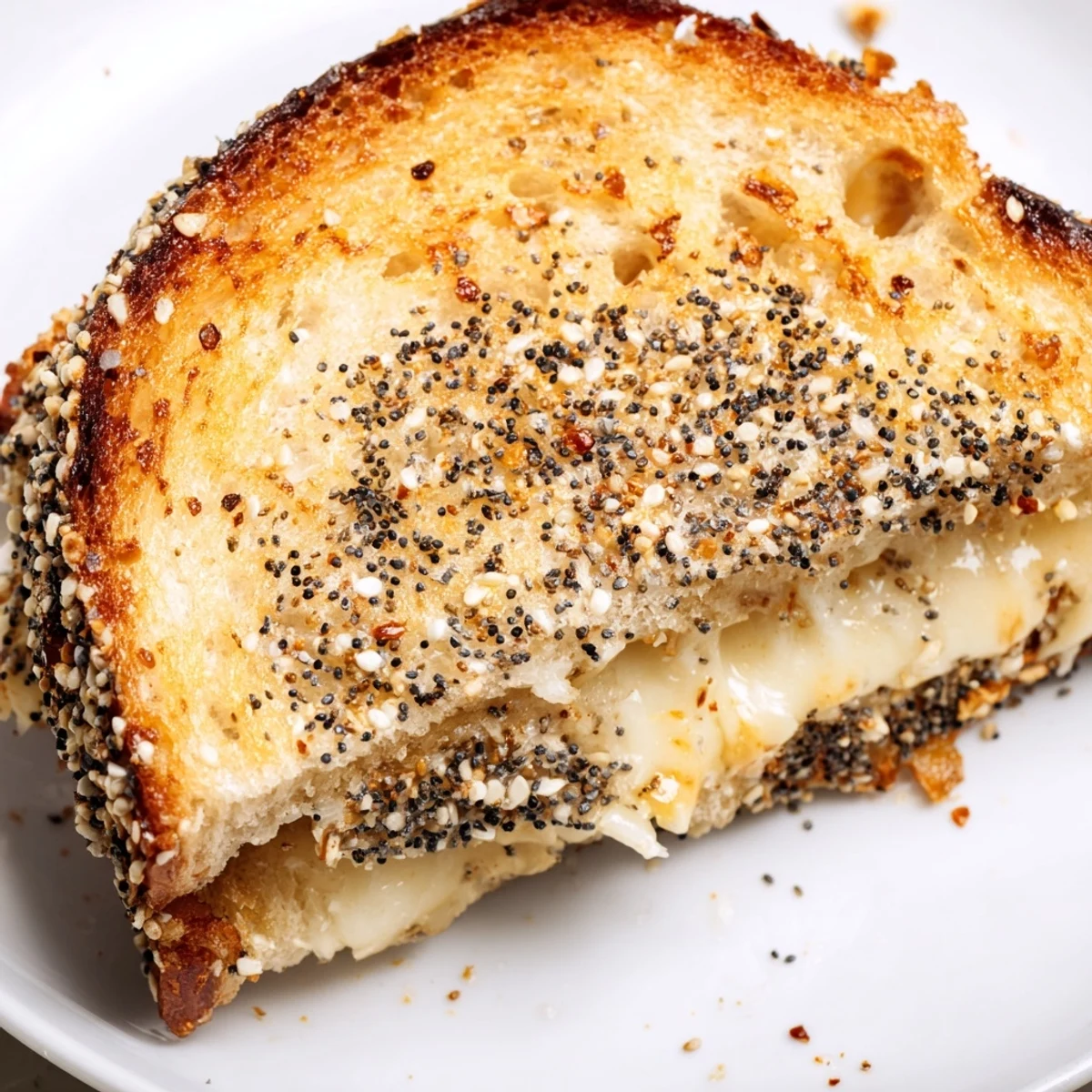 Golden, melty Everything Bagel Grilled Cheese, oozing with cheddar and ready for dipping.