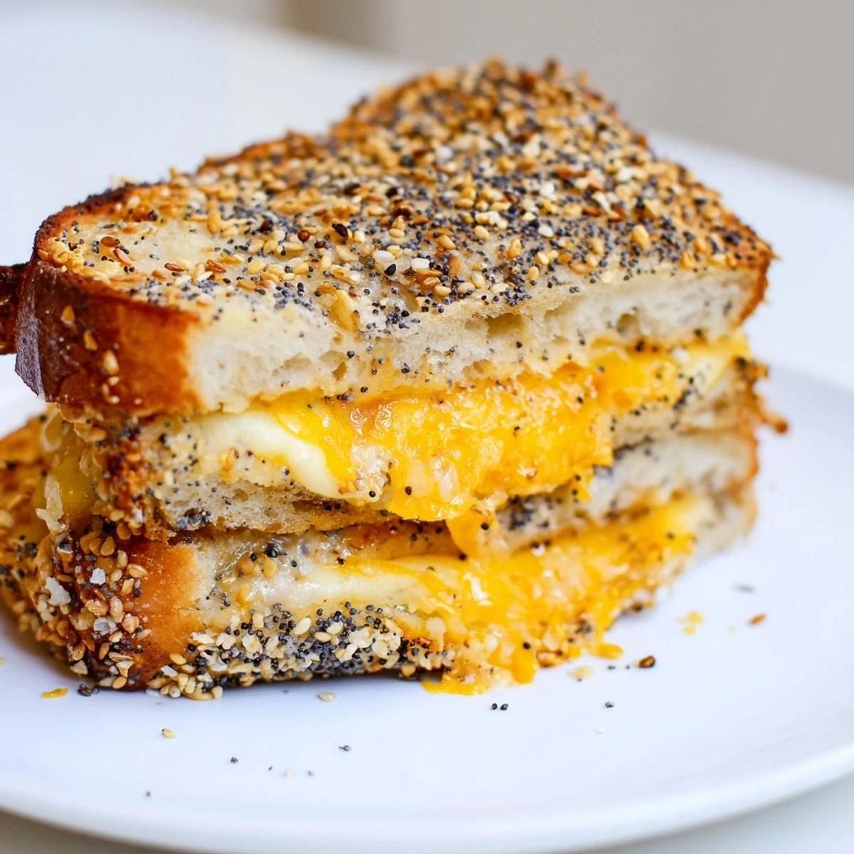 A close-up of a delicious Everything Bagel Grilled Cheese, the cheese perfectly melted and ready to eat.