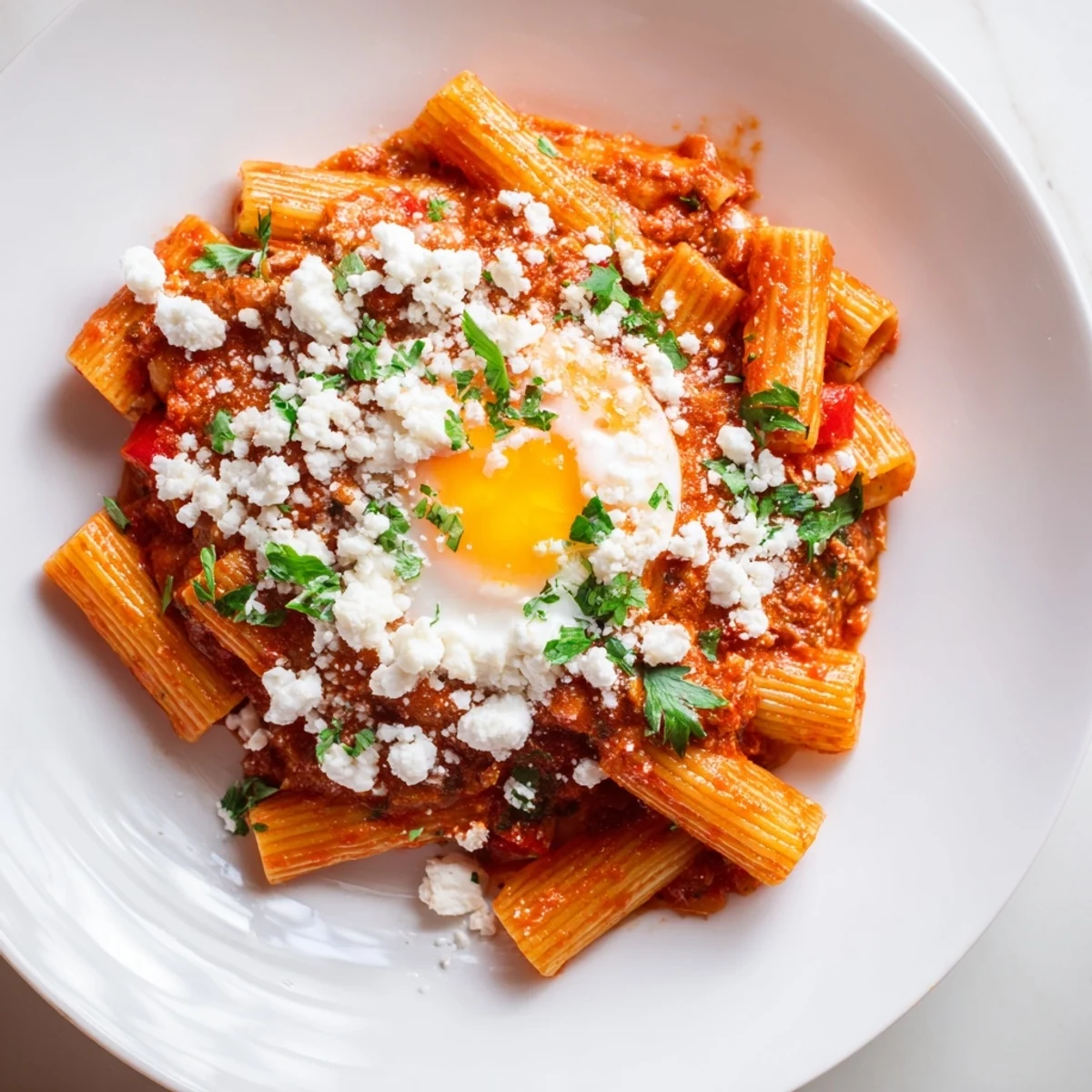 Quick Shakshuka Pasta with a beautifully runny egg yolk, sitting atop a vibrant, saucy dish.