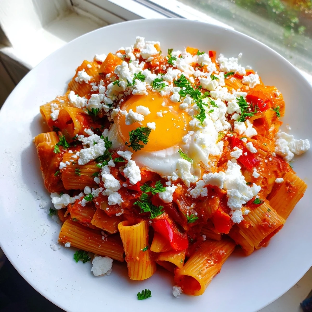 A warm bowl of Quick Shakshuka Pasta, the savory tomato sauce is a rich, inviting red color.