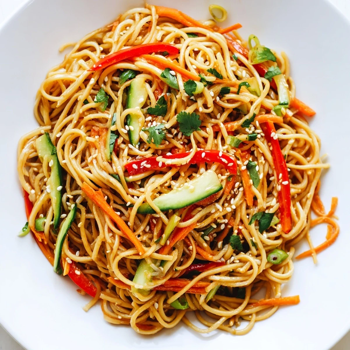 A colorful bowl of Garlic Noodle Salad with vibrant vegetables, ready to enjoy.