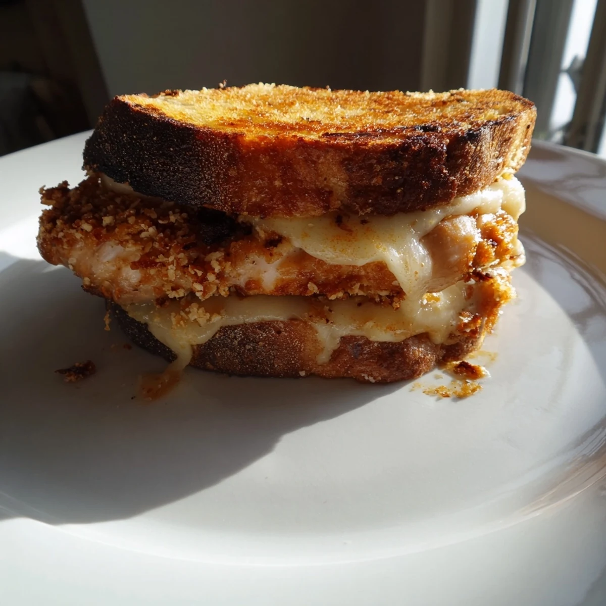 Crispy Parmesan Chicken Thighs Grilled Cheese: golden, cheesy, toasted bread surrounds flavorful chicken and melty cheese.