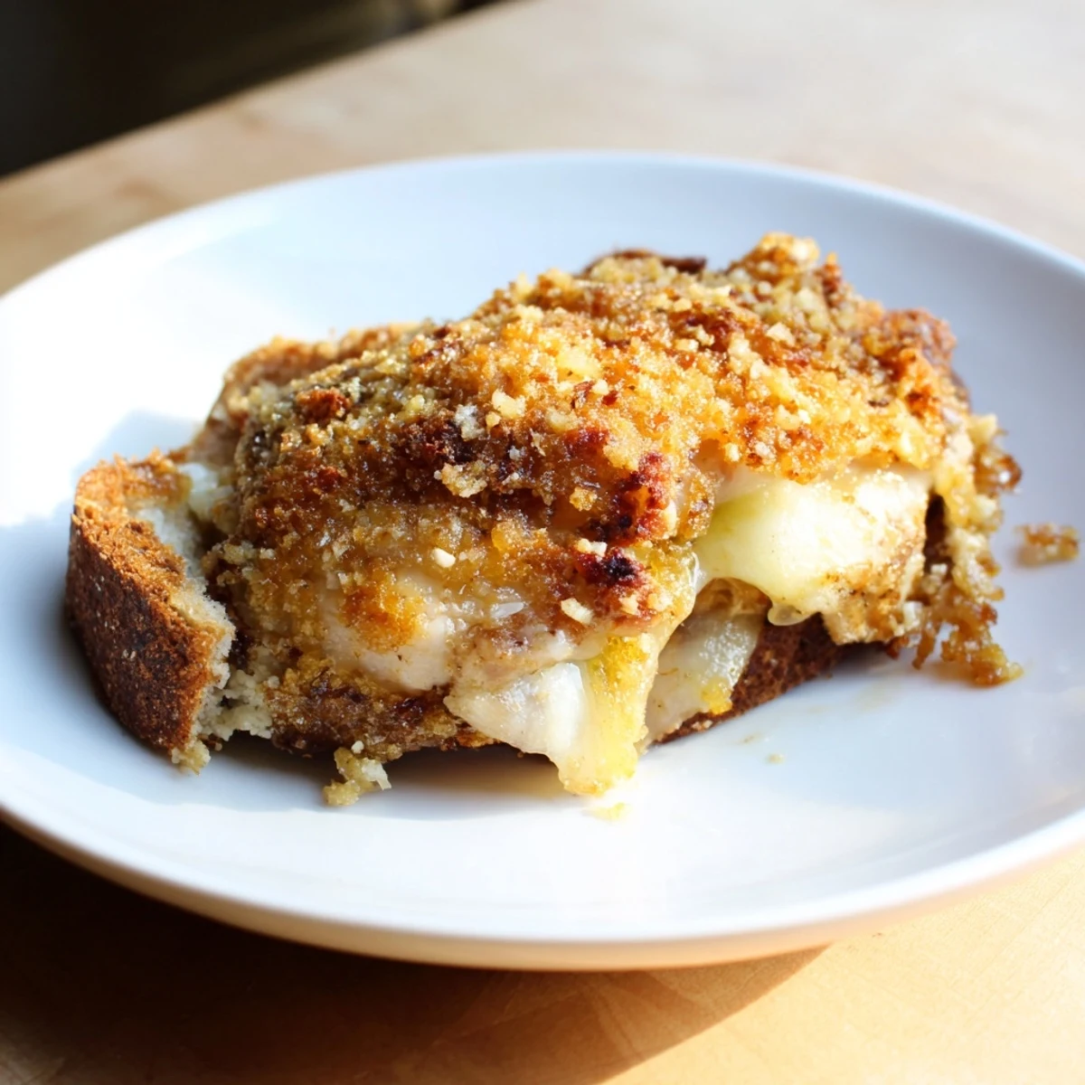 Mouthwatering Crispy Parmesan Chicken Thighs Grilled Cheese: picture juicy chicken nestled in a grilled cheese sandwich.