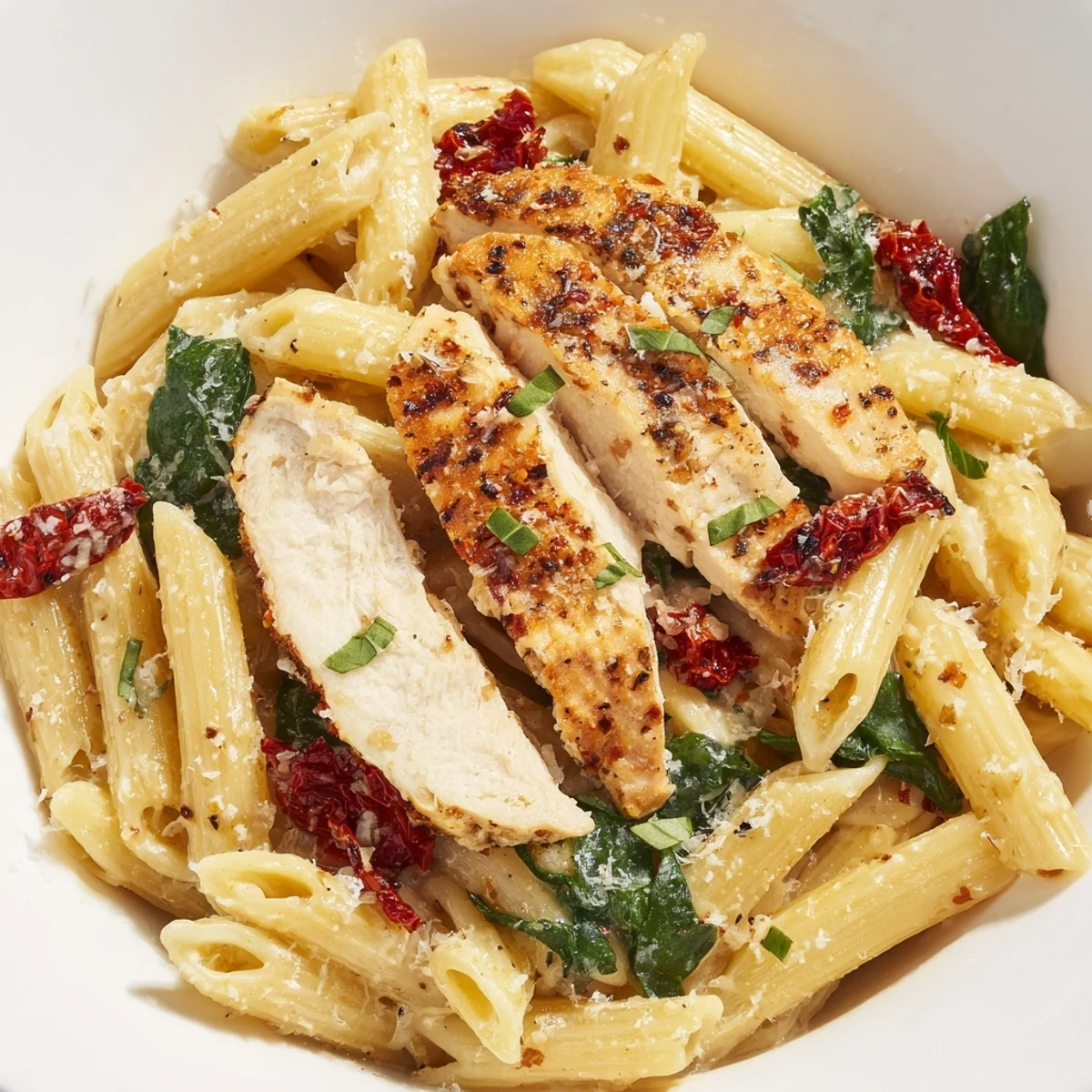 Creamy Tuscan Chicken Pasta with tender chicken, sun-dried tomatoes, and a rich, creamy sauce is ready.