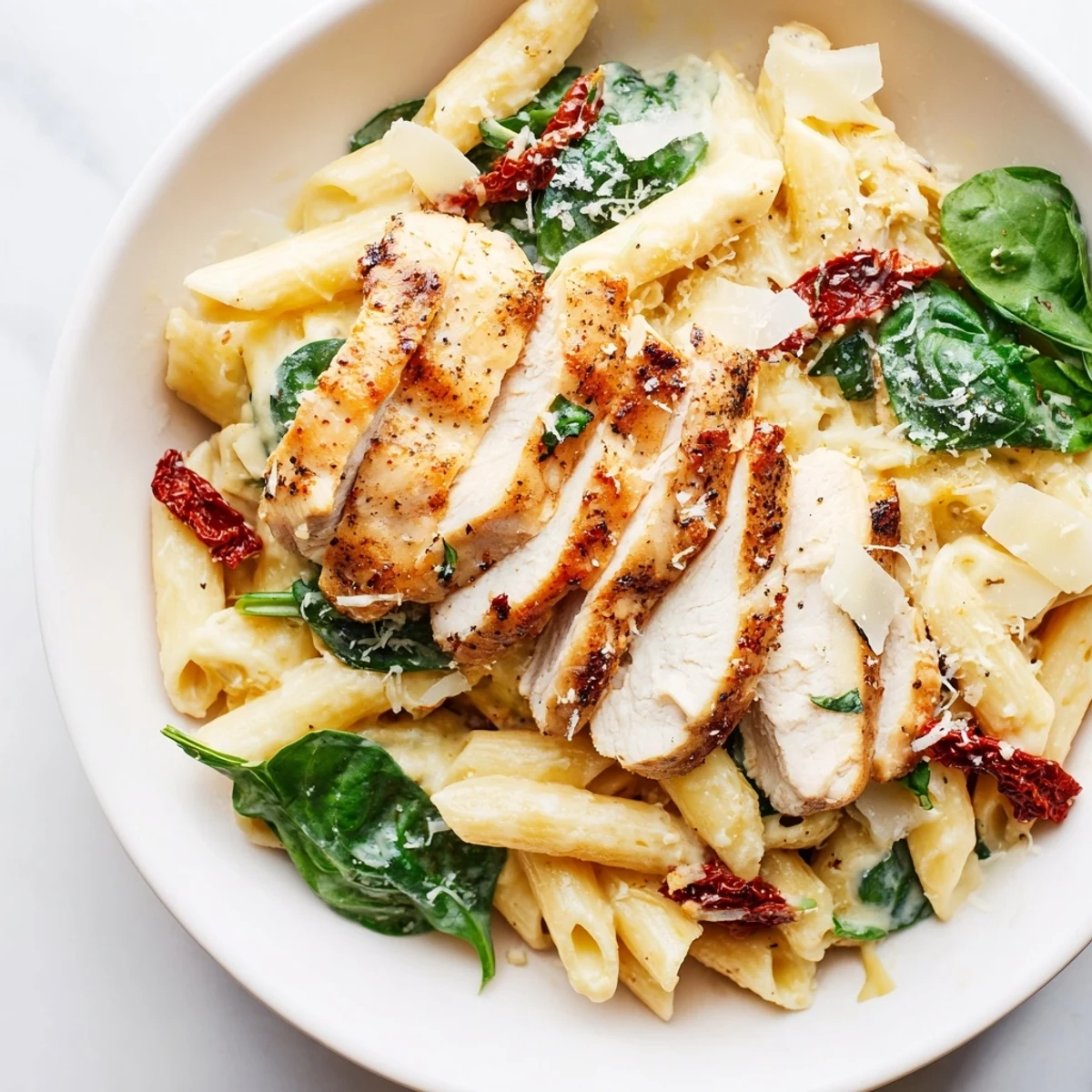 A delicious bowl of Creamy Tuscan Chicken Pasta with vibrant spinach and Parmesan cheese is pictured.