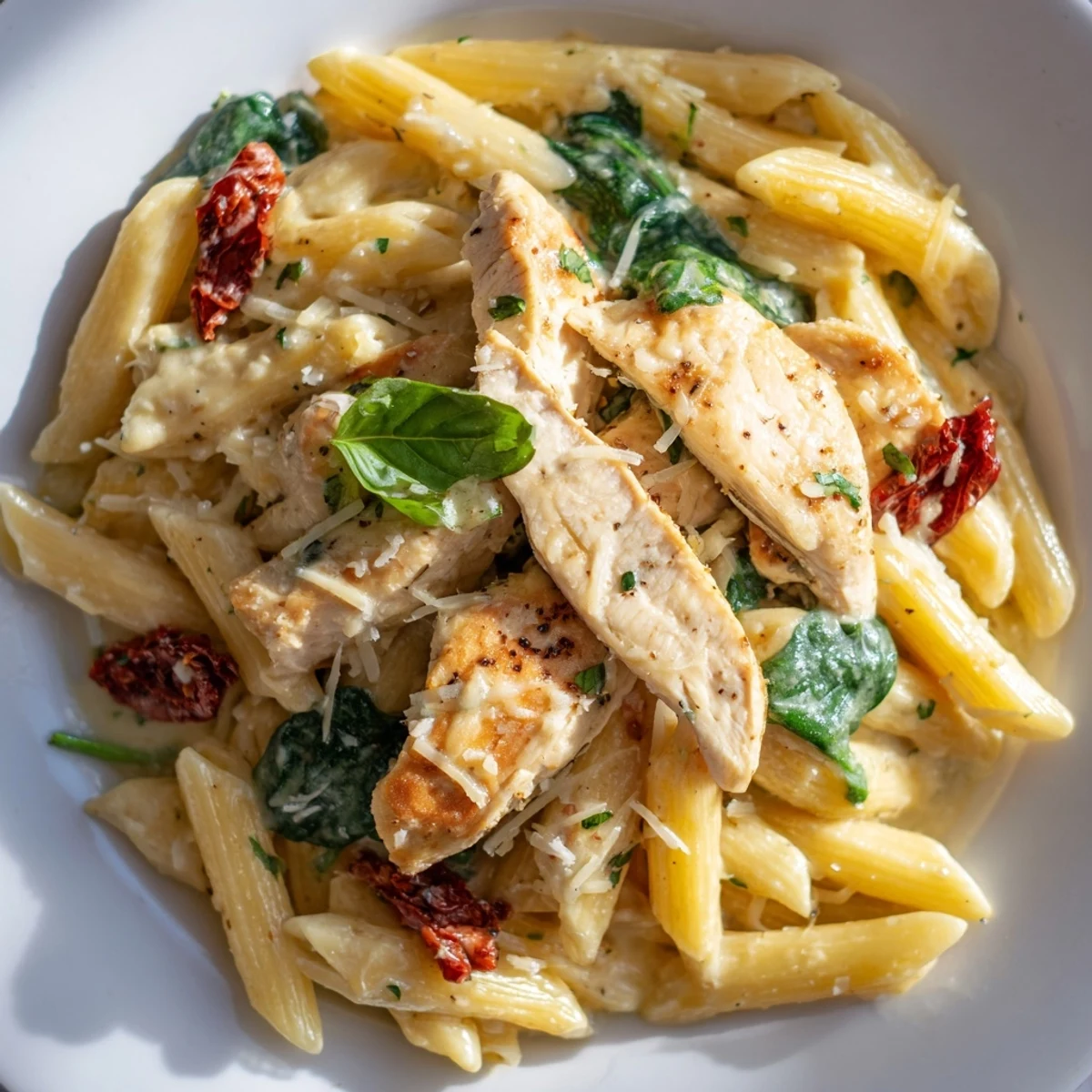 Served hot, this Creamy Tuscan Chicken Pasta has a rich, garlicky cream sauce and fresh basil.