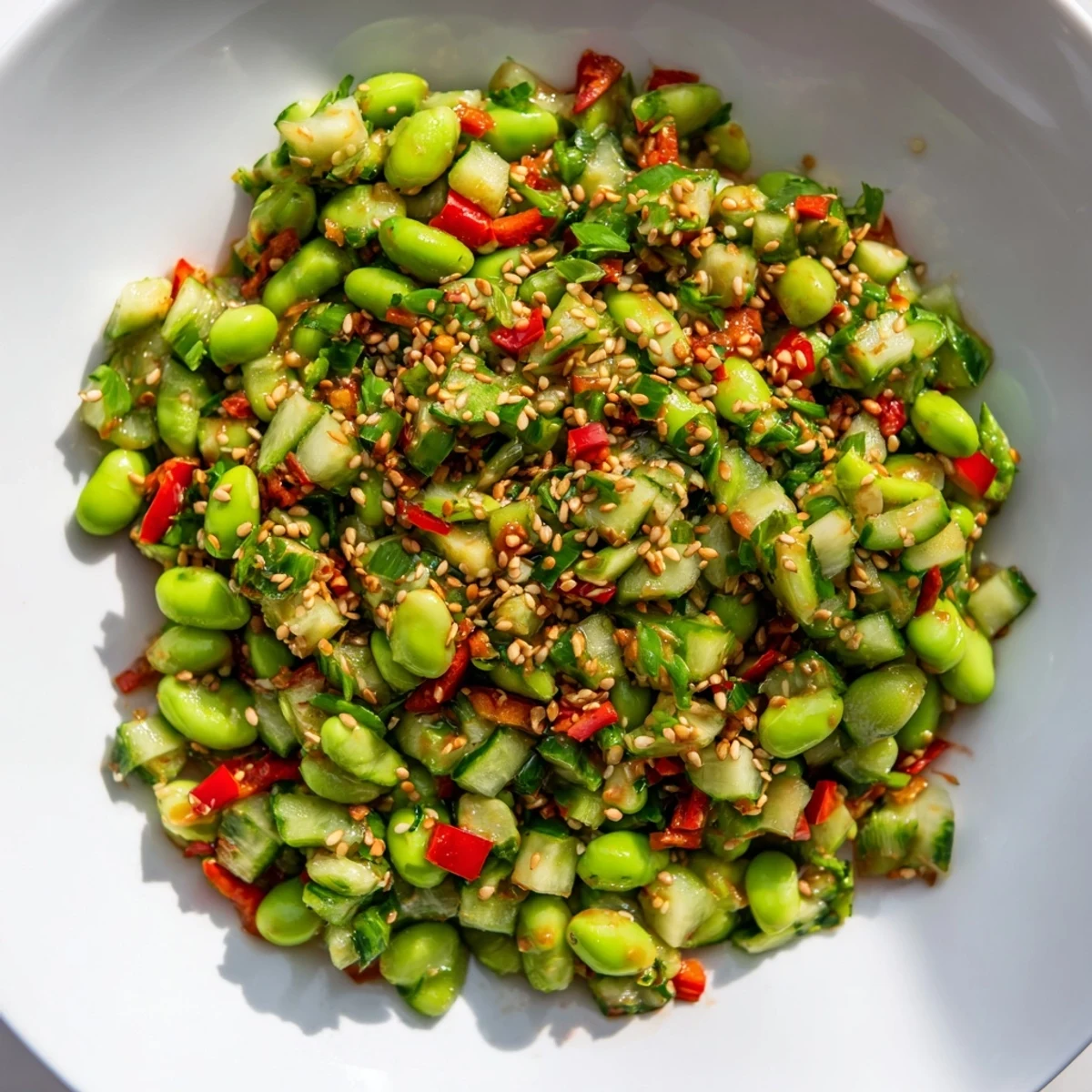 Chilled edamame salad overflowing with fresh veggies and a savory Asian-inspired dressing, ideal side.