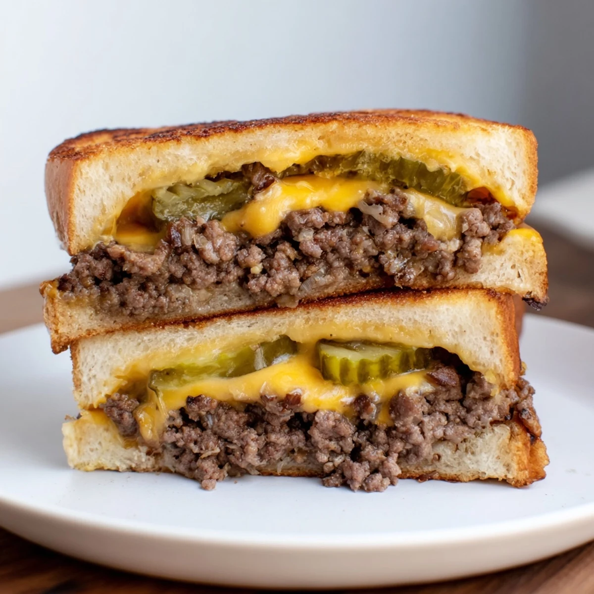 A close-up shot of a perfectly grilled Smashed Burger Grilled Cheese, ready to eat.