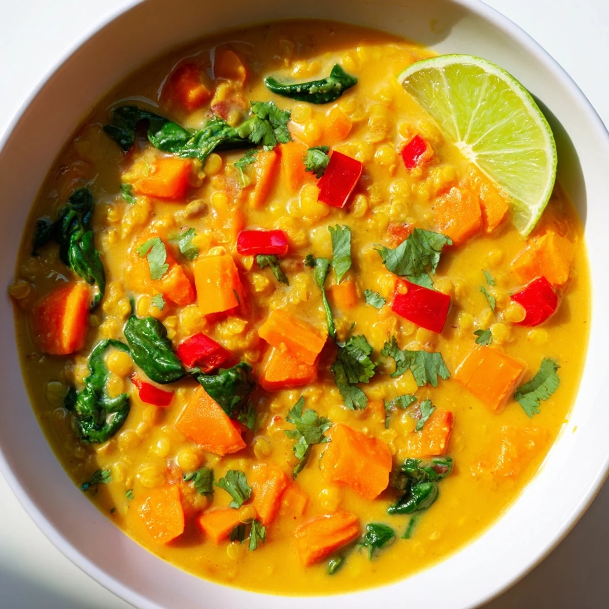 Creamy Lentil Red Curry Soup, garnished with cilantro and served with a zesty lime wedge.