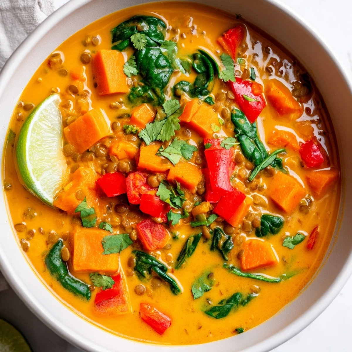 Enjoy a spoonful of hearty Lentil Red Curry Soup; a vegan, gluten-free delight, bursting with flavor.
