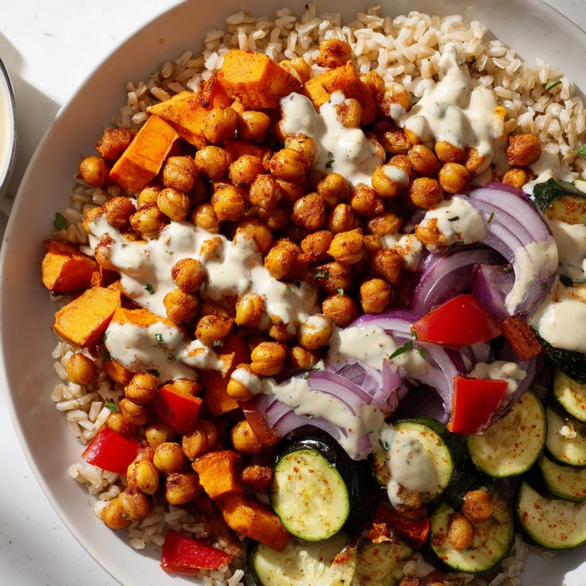 This delicious Roasted Chickpea Buddha Bowl features vibrant roasted vegetables and a creamy tahini sauce drizzled over fluffy rice.