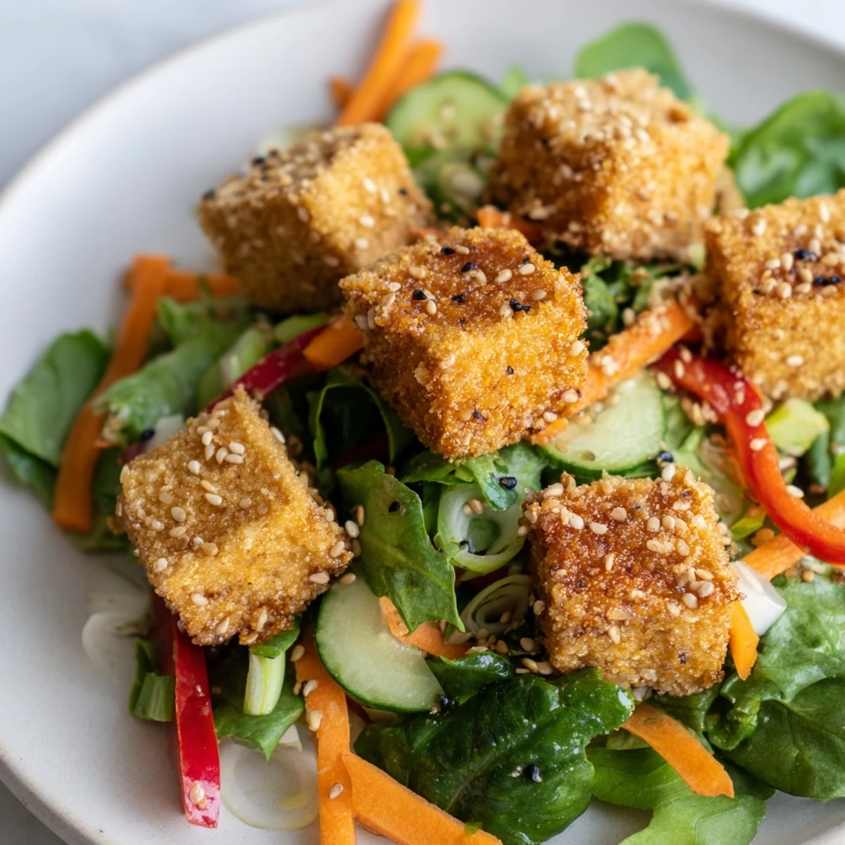 Golden, crispy tofu salad with vibrant veggies and zesty ginger-soy dressing; a delicious main dish.