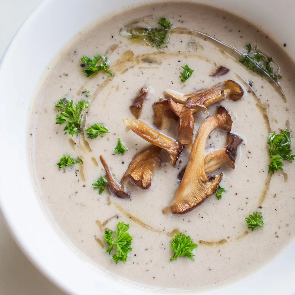 A close-up of creamy mushroom bisque, inviting you to enjoy the rich, savory broth.