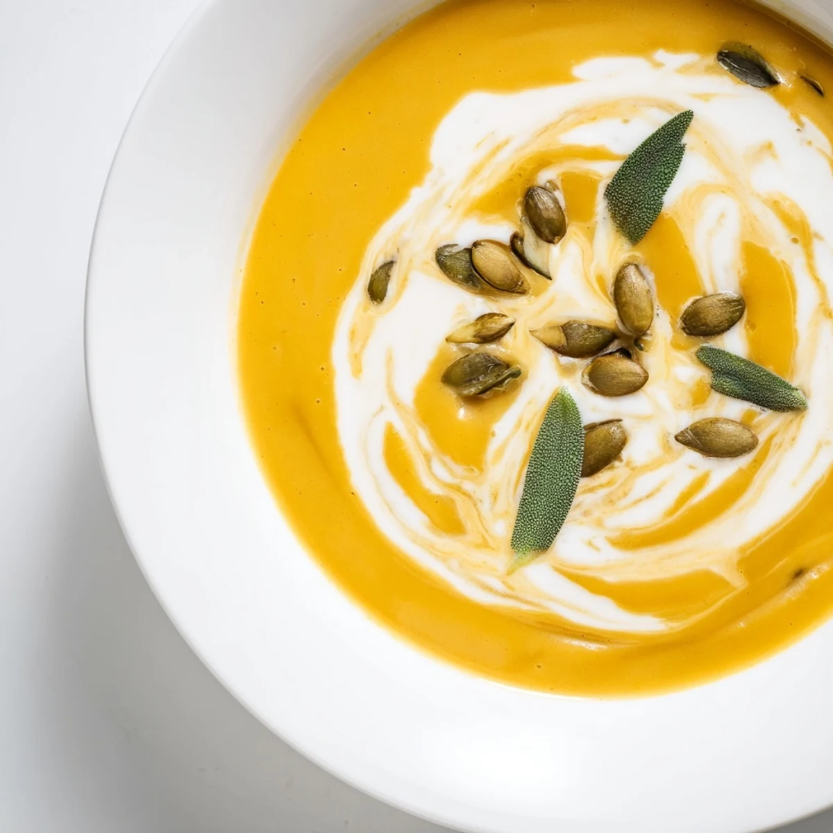 Steaming bowl of creamy butternut squash soup, garnished with fresh sage leaves and seeds.