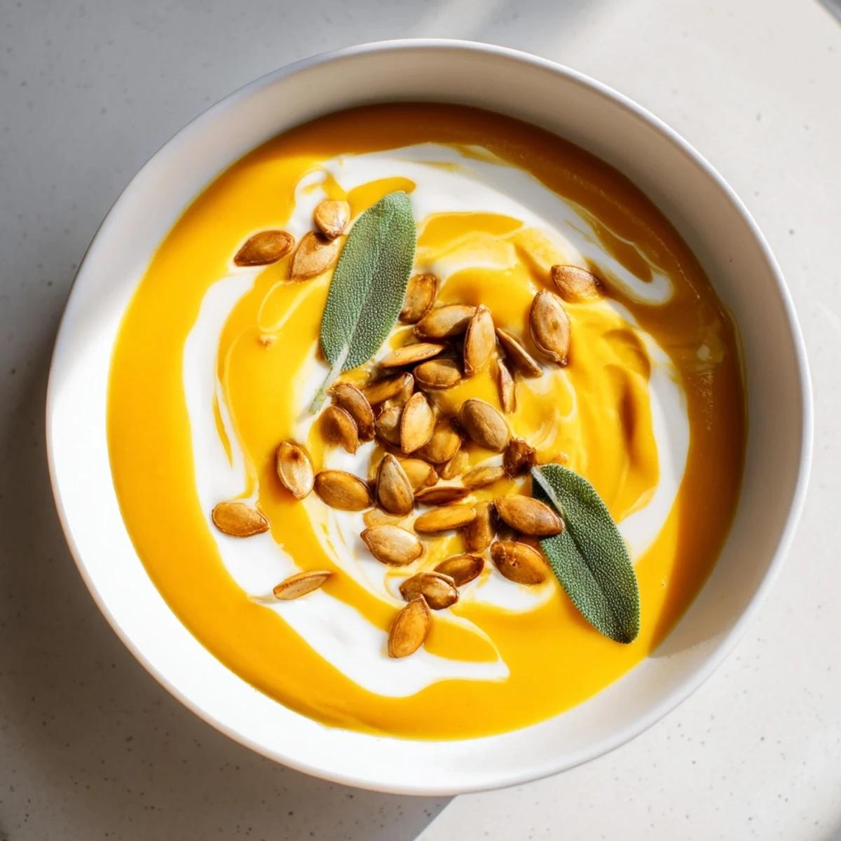 Golden-hued butternut squash soup, perfectly blended for a velvety smooth and comforting classic.
