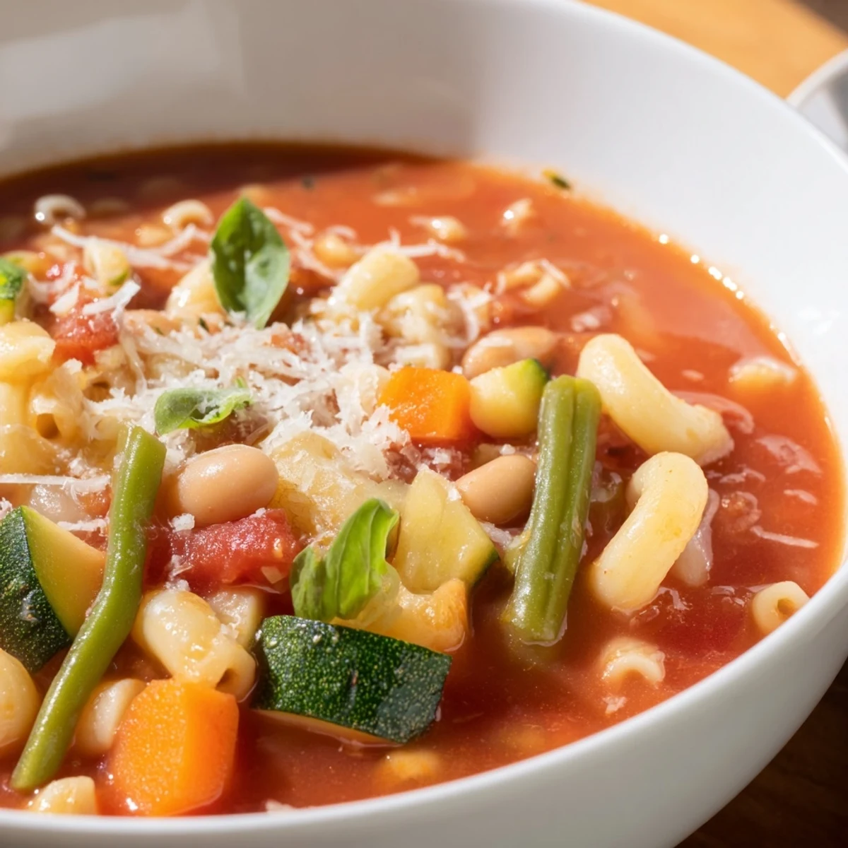 Steaming bowl of Tomato Basil Minestrone, a comforting Italian soup with fresh basil and pasta.