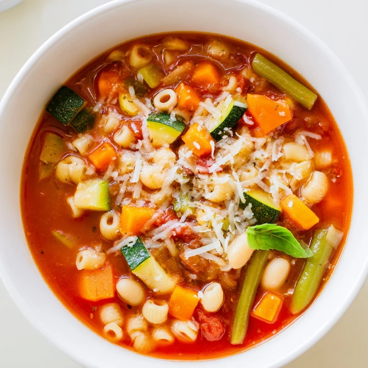 Flavorful Tomato Basil Minestrone, ready to eat with a sprinkle of fresh parsley and Parmesan.
