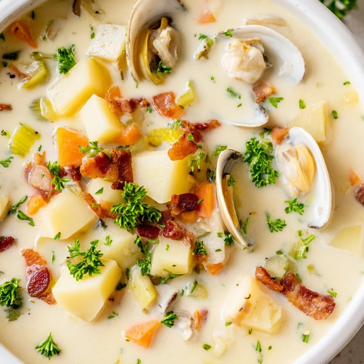 Steaming hot New England Clam Chowder, creamy and packed with clams, ready to be served.