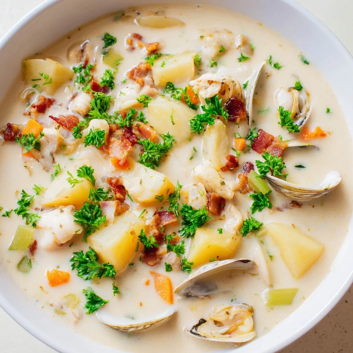 A close-up of a bowl of New England Clam Chowder, garnished with fresh parsley and oyster crackers.
