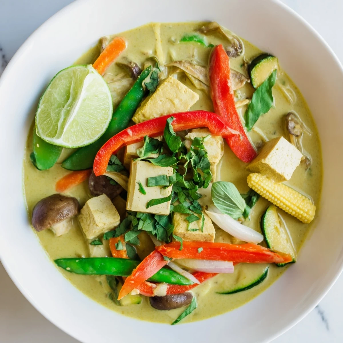 Aromatic Thai Green Curry Coconut Soup with tender vegetables, garnished, and ready to enjoy.
