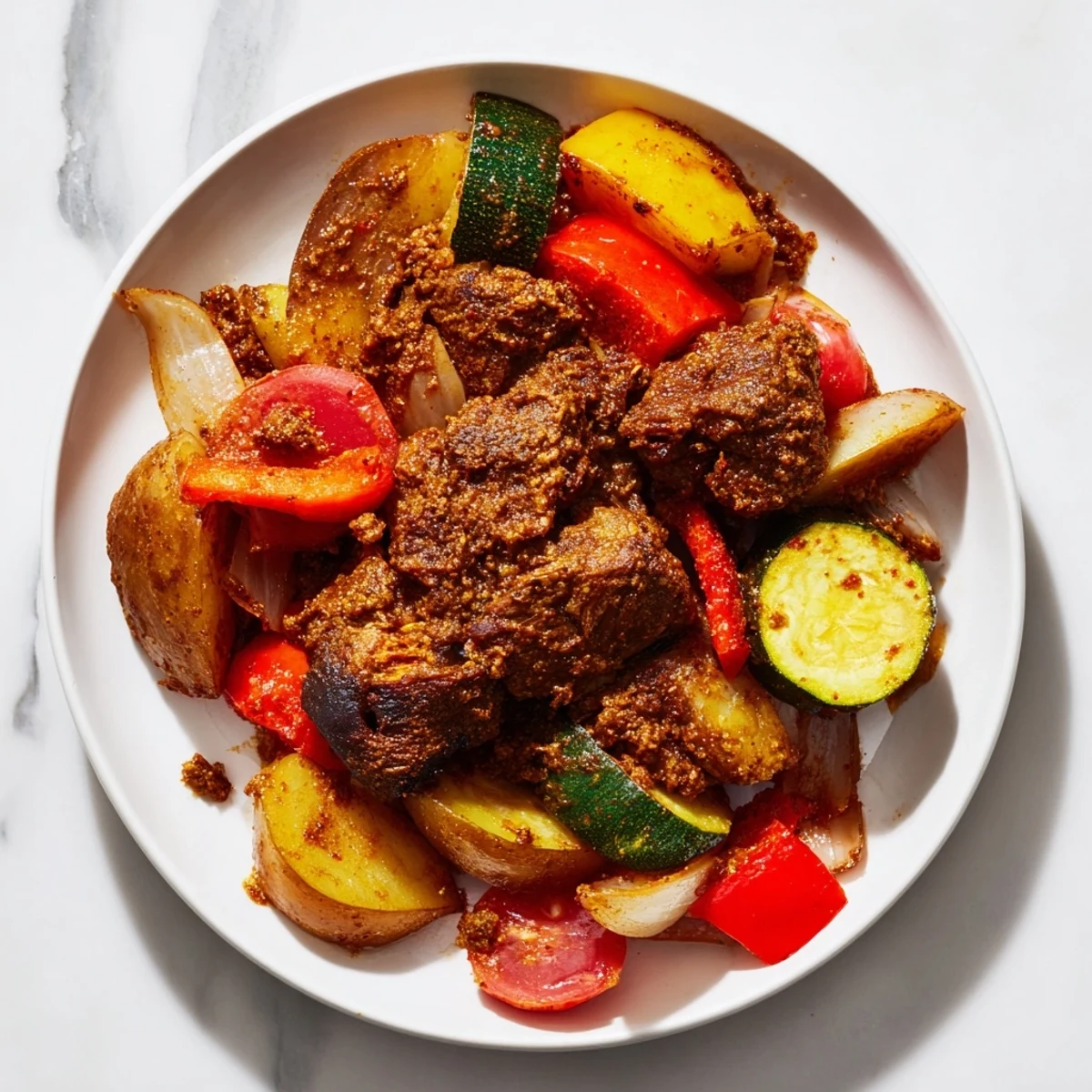 Tender Jordanian Zarb, vibrant with roasted vegetables, offers a taste of Middle Eastern slow-cooked perfection.