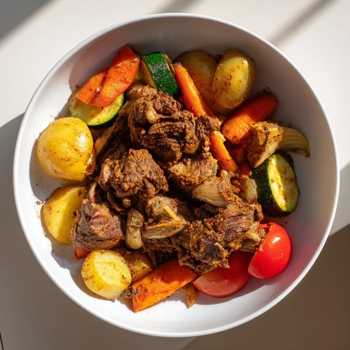 Juicy lamb and colorful veggies emerge from the oven in this savory Jordanian Zarb recipe, ready to serve.