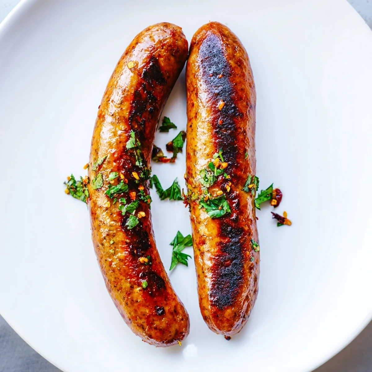 Grilled Tunisian Merguez sausages, sizzling and browned, showcasing fragrant spices before serving.