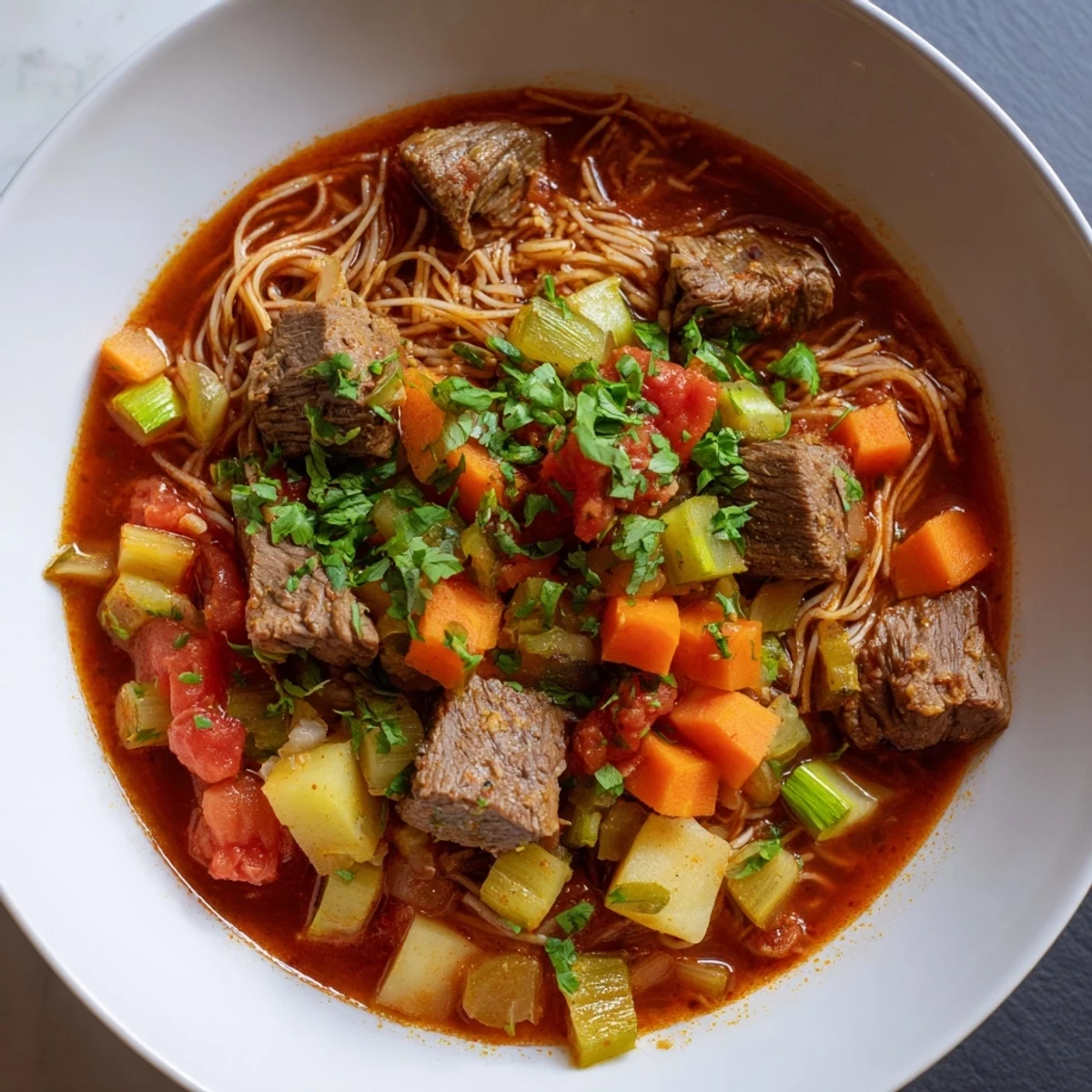 Fragrant bowl of Algerian Chorba brimming with tender lamb, vegetables, and warming spices, ready to enjoy.
