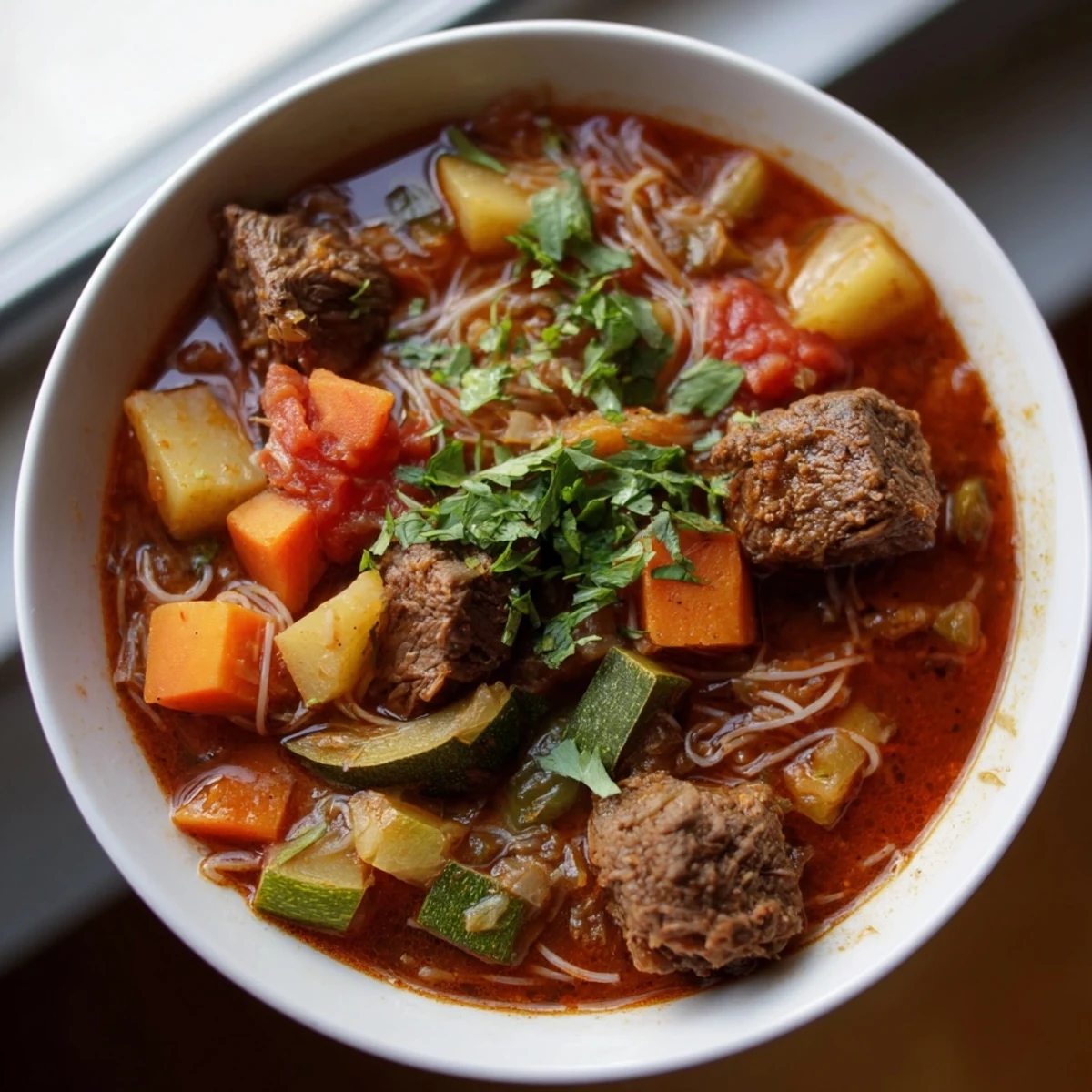 Close-up of a steaming bowl of Algerian Chorba, garnished with fresh herbs, offering a taste of Algeria.
