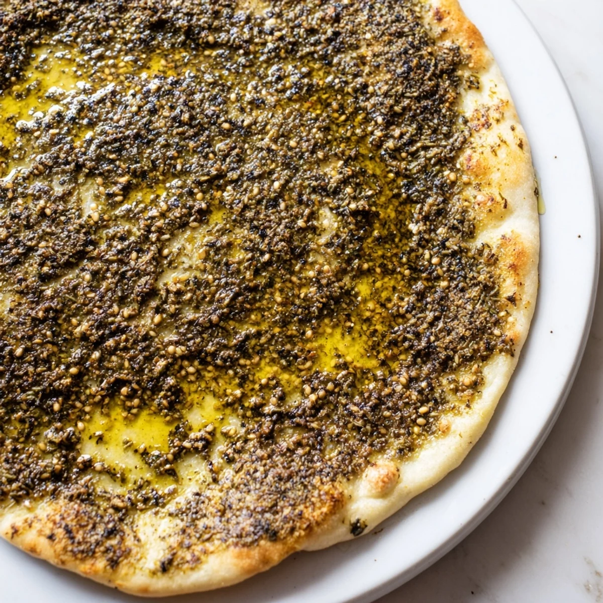 Freshly baked Levantine zaatar bread featuring a flavorful, herb-filled zaatar and sesame crust.