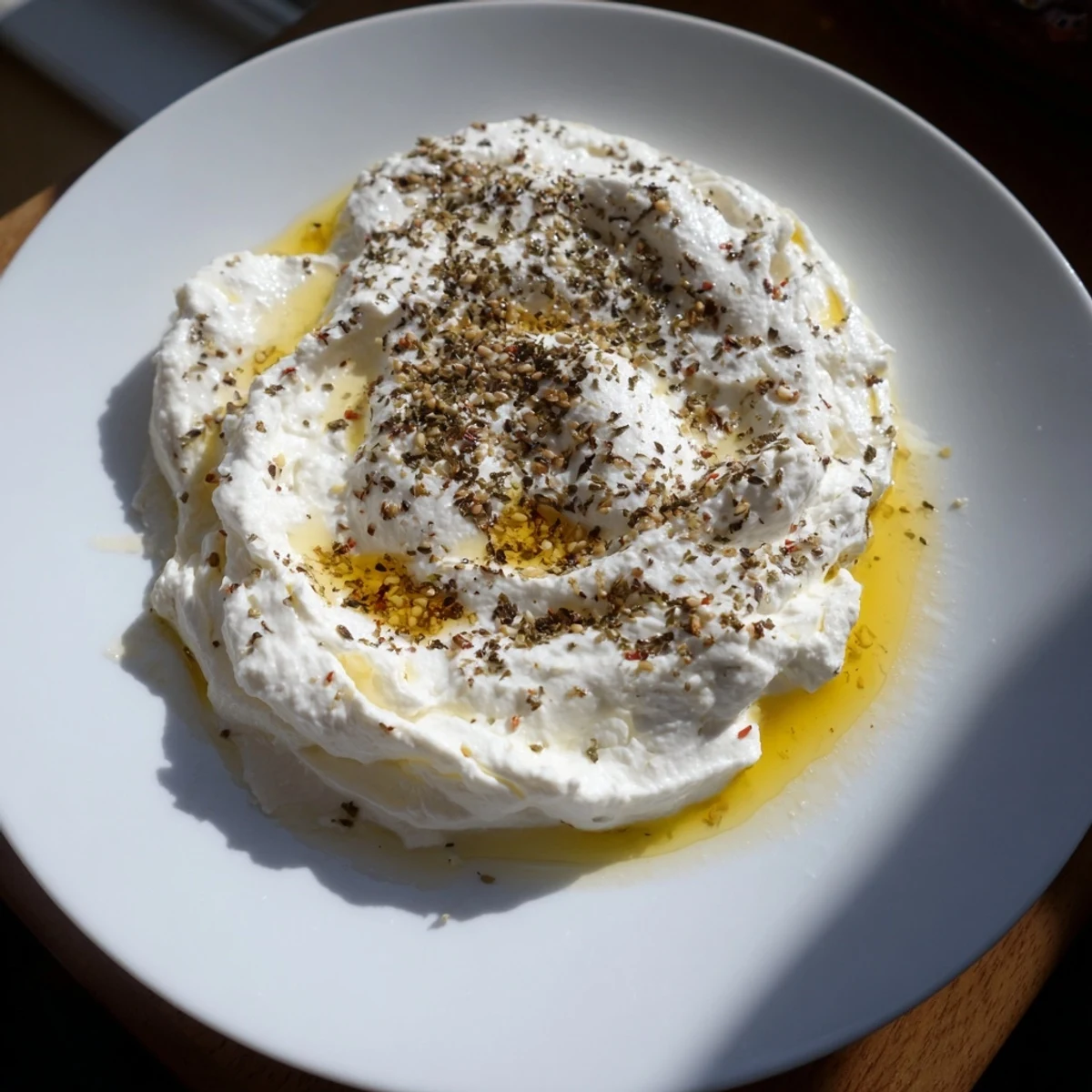 Creamy homemade Levantine labneh cheese drizzled with olive oil, ready to spread on warm pita.