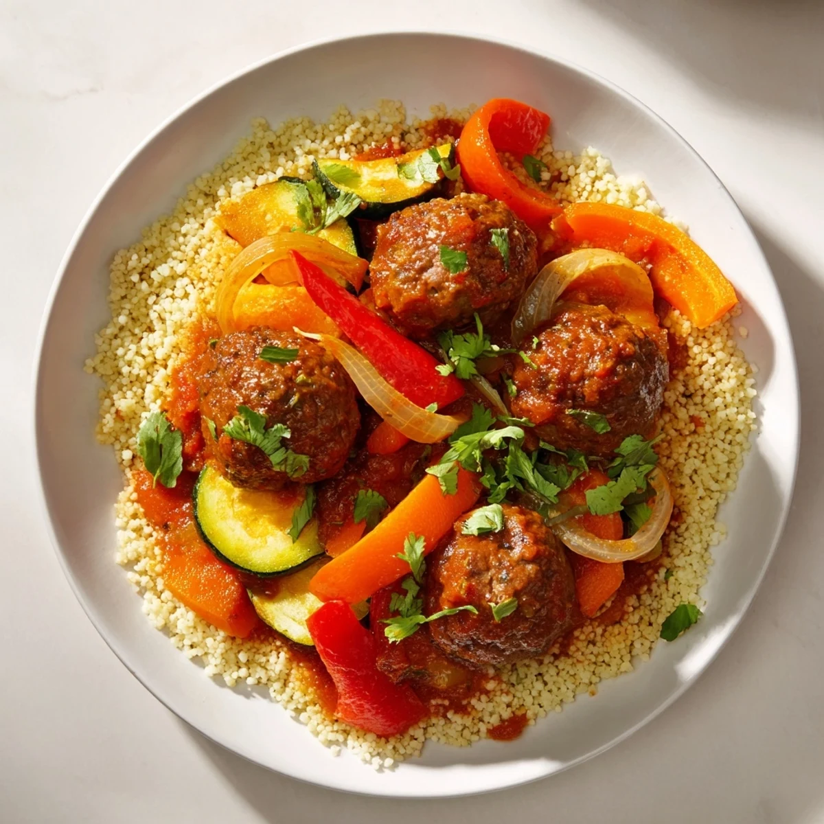 North African Couscous Kefta with juicy meatballs and vibrant vegetables perfectly plated, ready to eat.