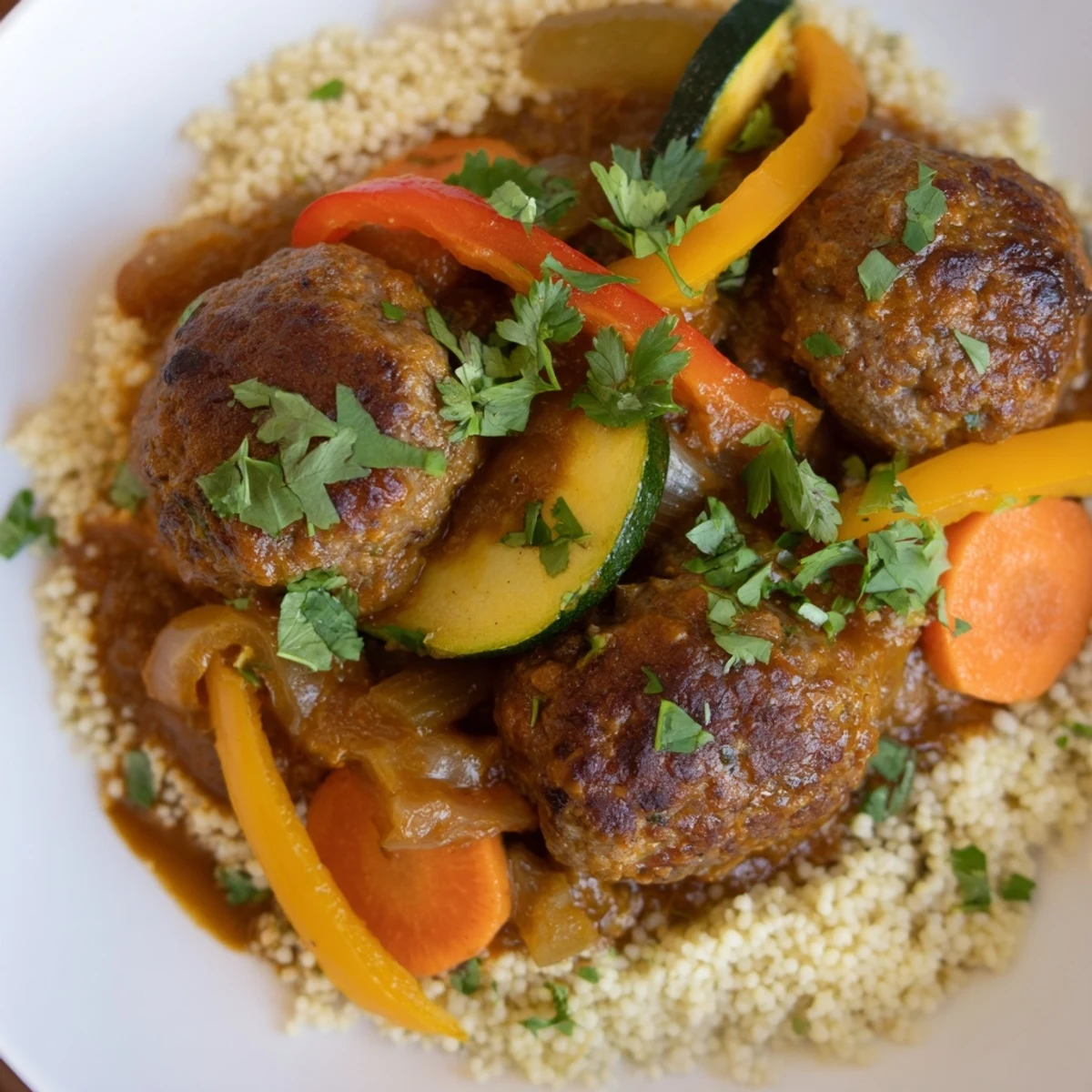 A hearty serving of North African Couscous Kefta featuring fluffy couscous topped with rich meatball stew.