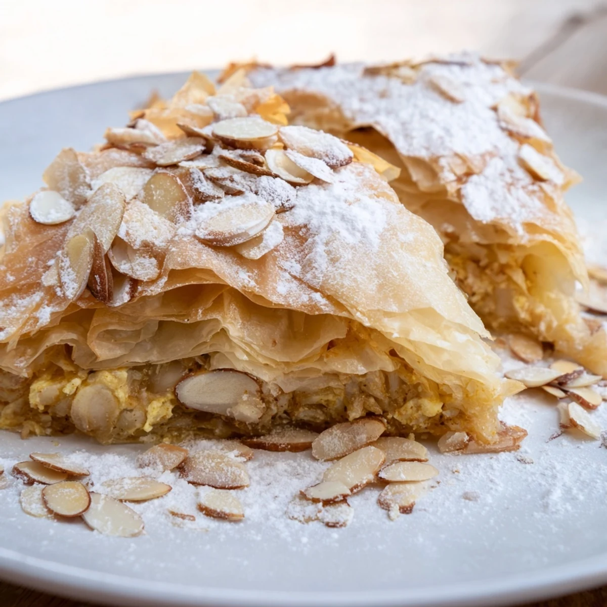 Golden-brown Moroccan Pastilla Pie, flaky pastry filled with savory spiced chicken and a touch of sweetness.