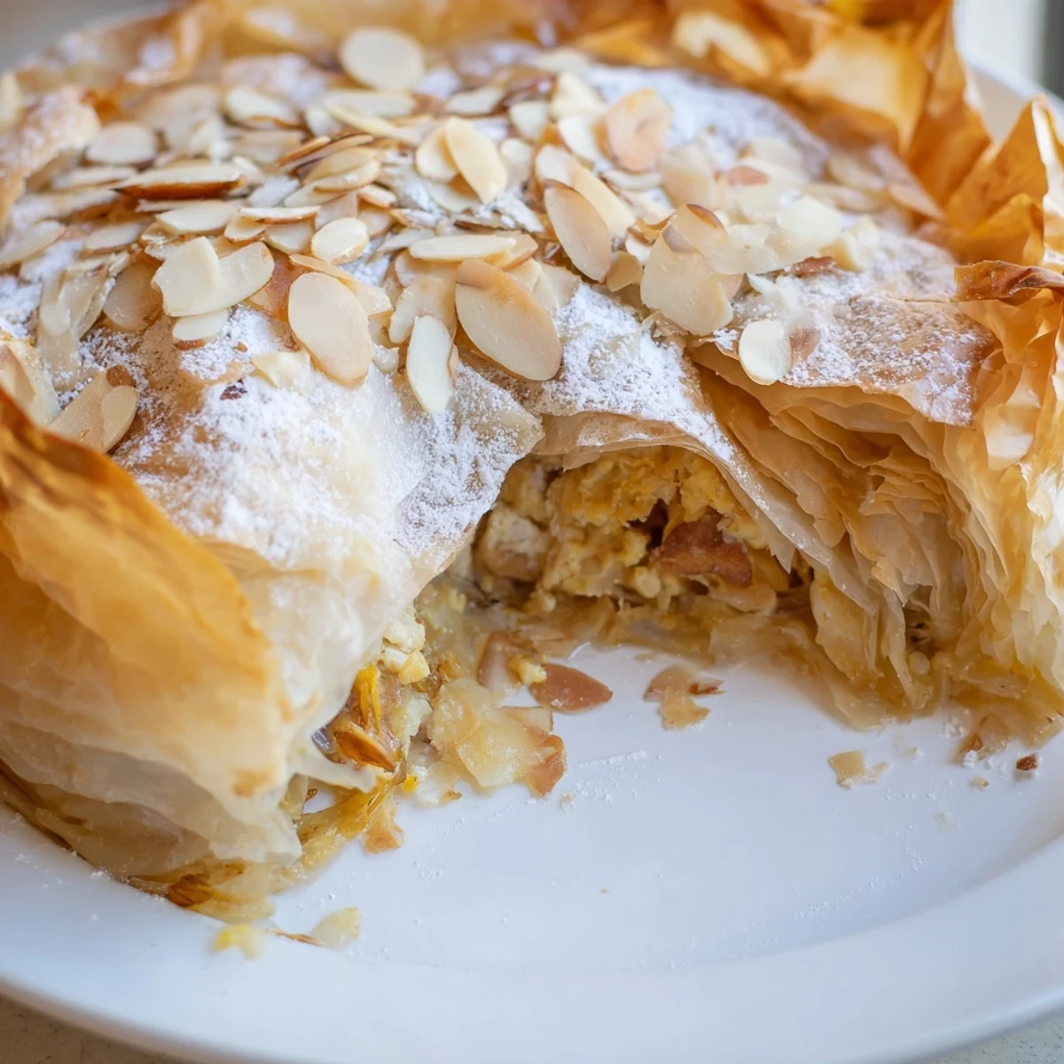 A visually appealing shot of the fully assembled Moroccan Pastilla Pie, ready to be sliced and served.