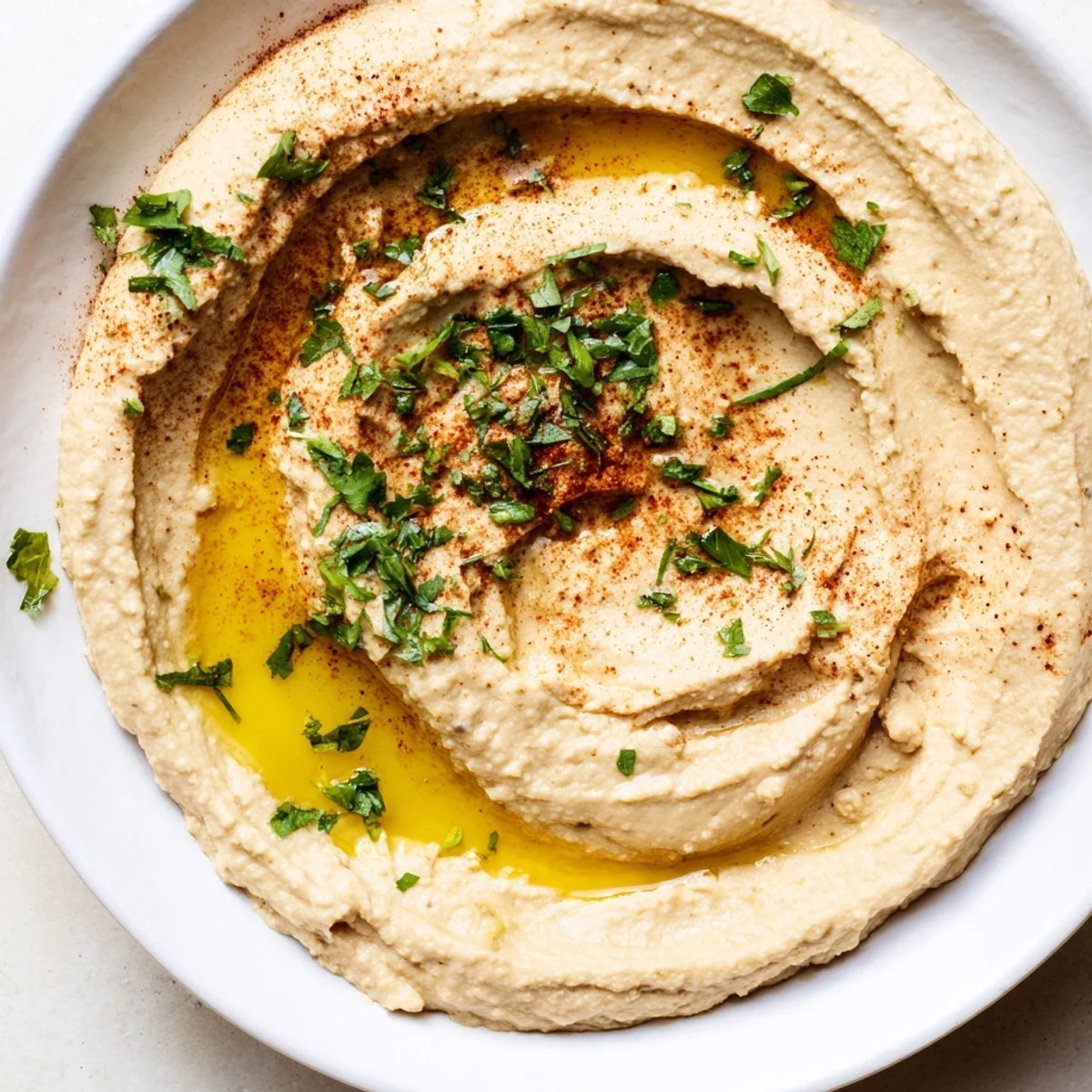 Creamy Levantine hummus plate, drizzled with olive oil and paprika, perfect as a vegan appetizer.