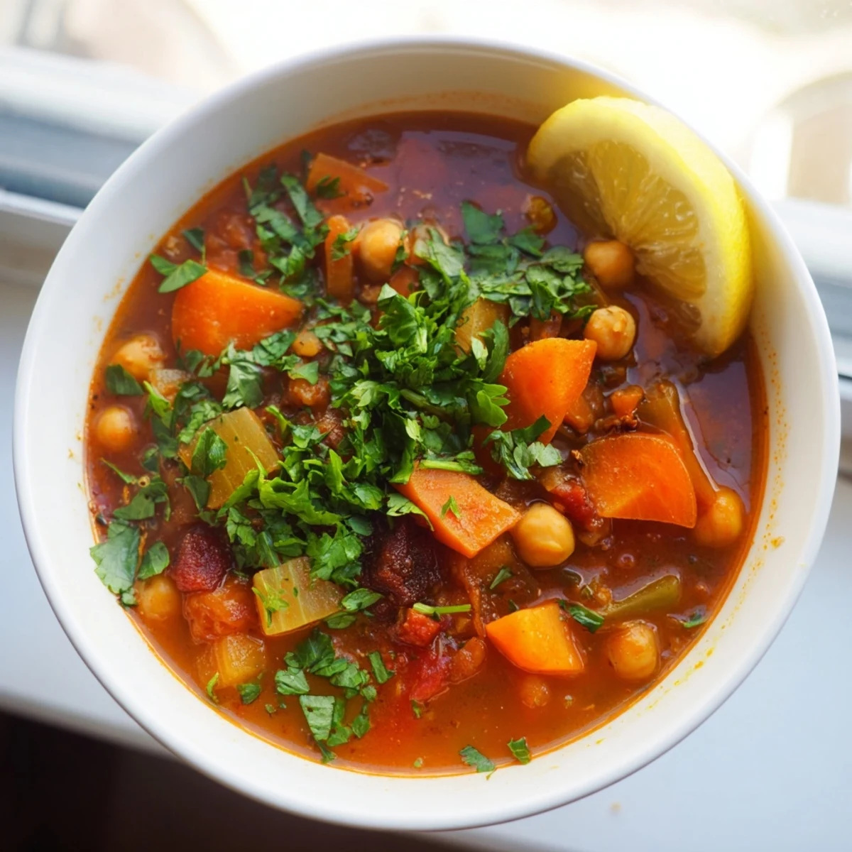 Steaming bowl of North African Harira Soup with vibrant herbs, ready to be enjoyed as a warming meal.