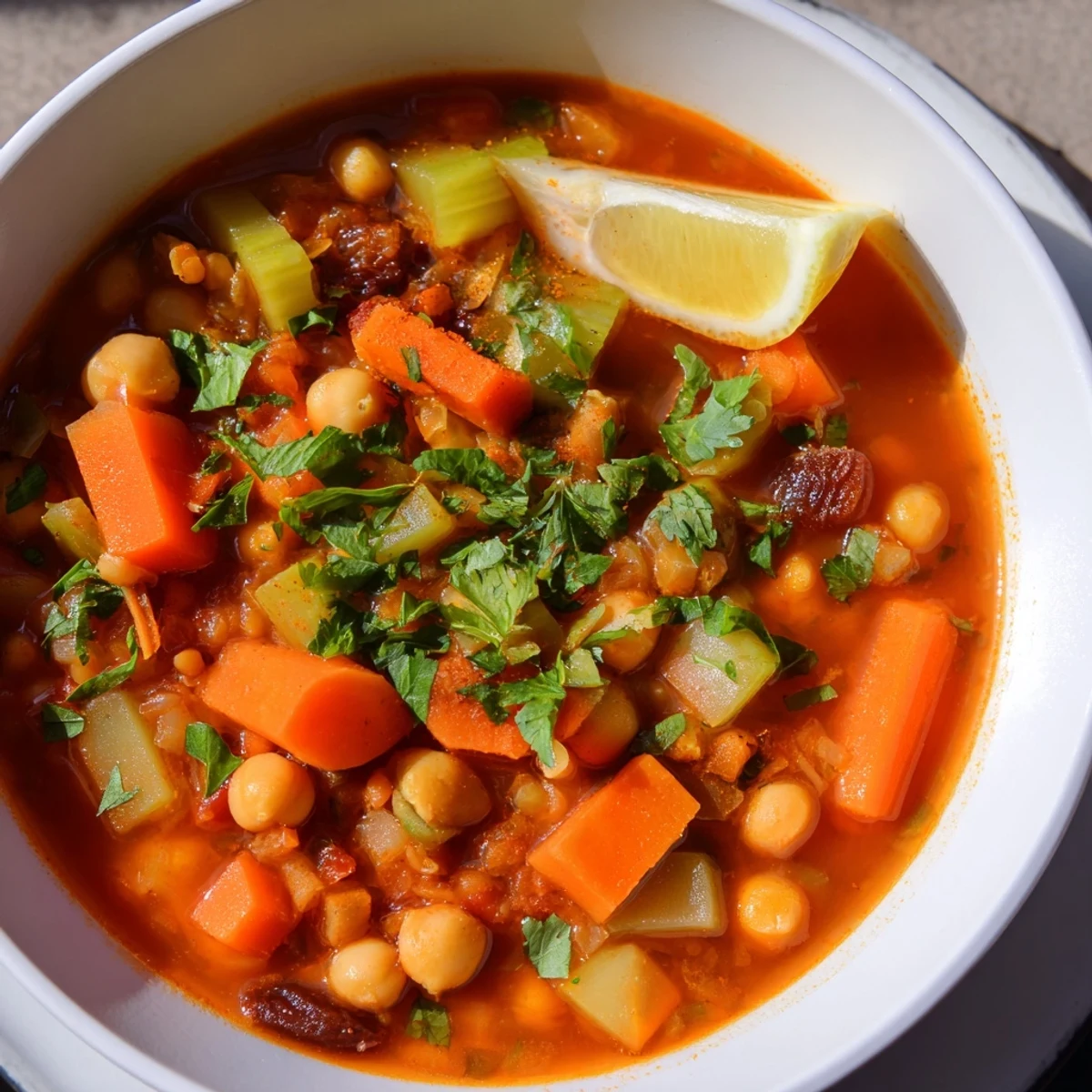 A close-up of a bowl of North African Harira Soup, garnished with fresh cilantro and lemon wedges.