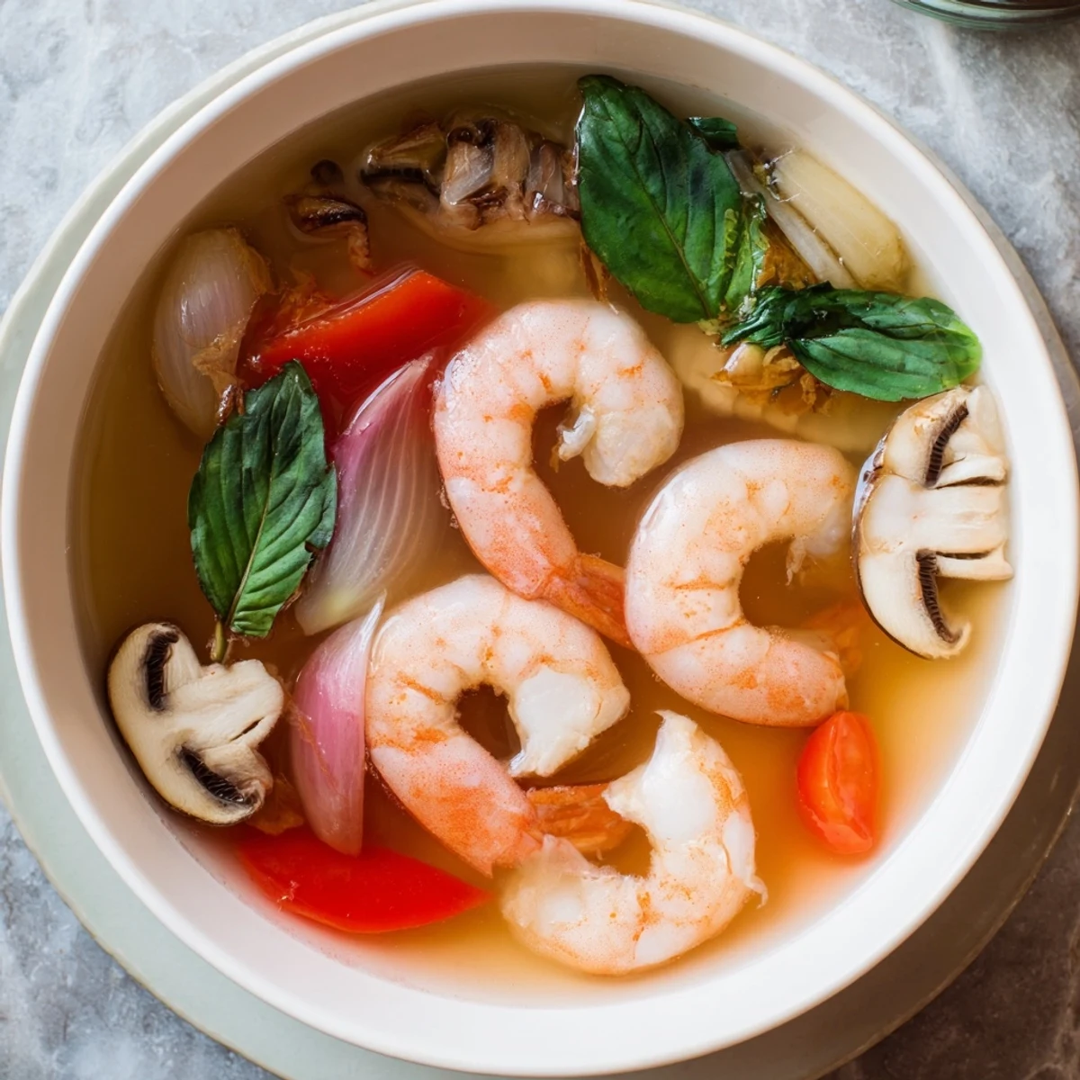 Steaming bowl of Spicy Tom Yum Soup, garnished, ready to enjoy with a burst of flavor.