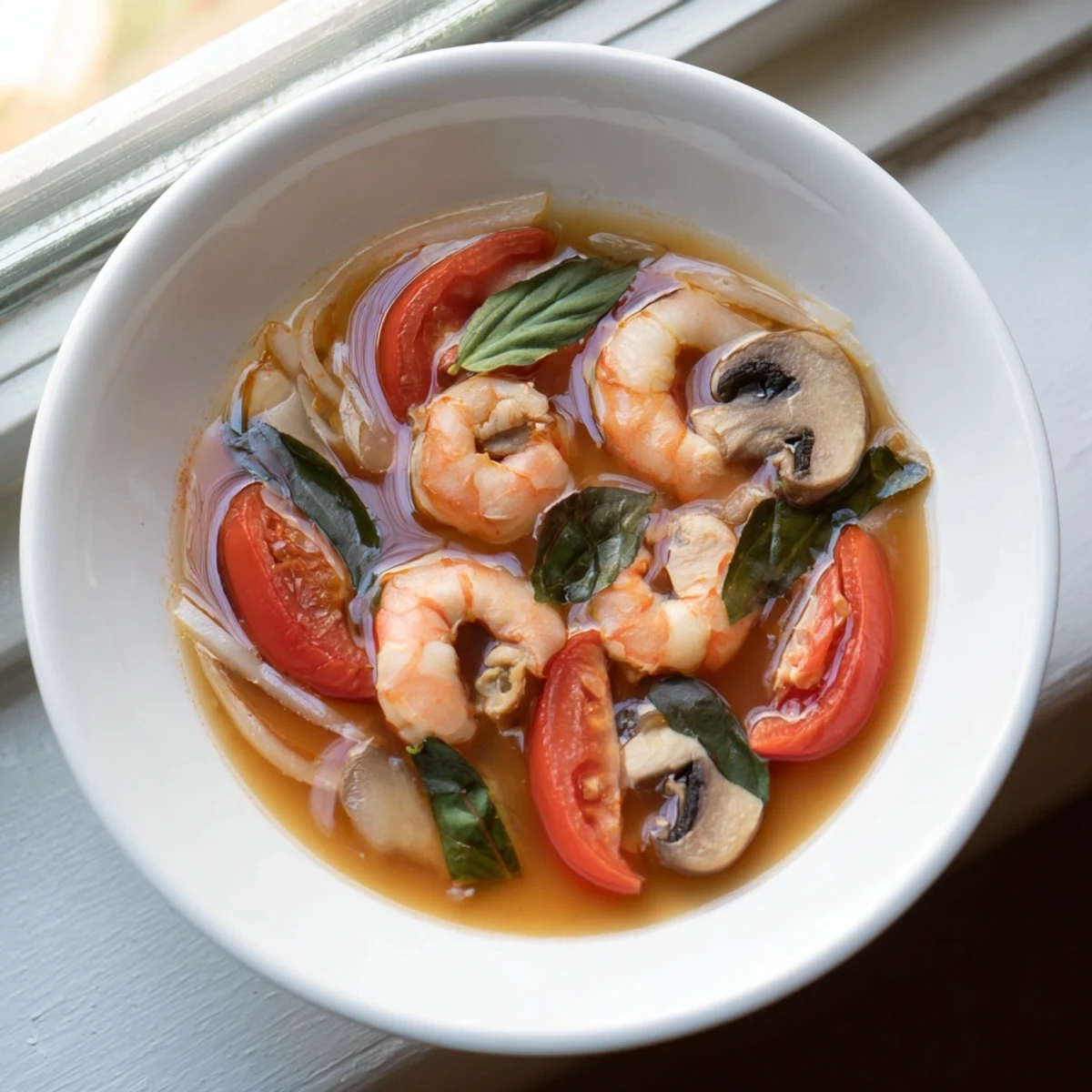 Hot and savory Spicy Tom Yum Soup featuring shrimp, mushrooms, and a spicy broth in a bowl.