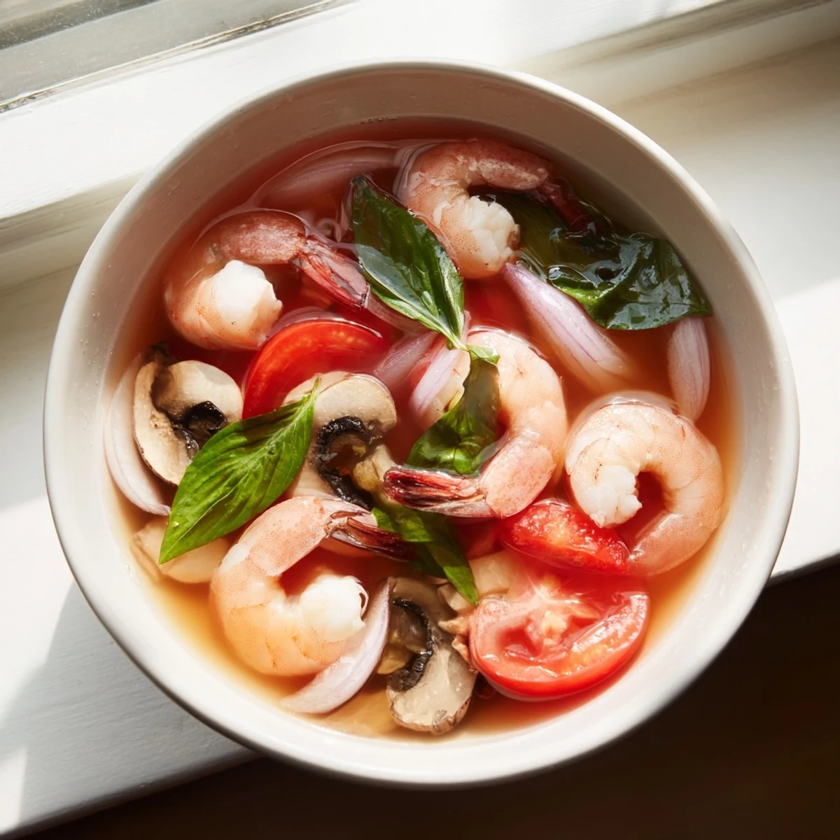 Vibrant image: Fresh cilantro floating atop a rich, aromatic bowl of Spicy Tom Yum Soup.