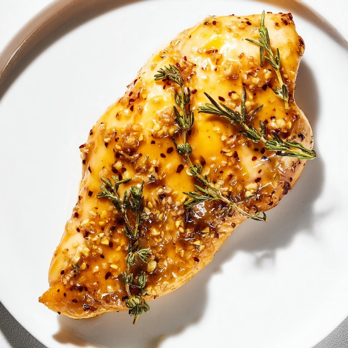 Golden-brown chicken breasts glazed in a glossy honey Dijon sauce, garnished with fresh thyme in a cast iron skillet.  