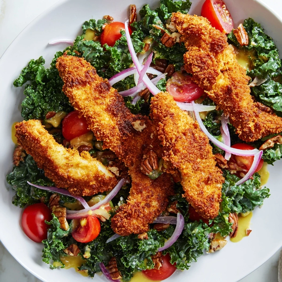 Golden, crispy chicken strips rest atop a bed of massaged kale and cherry tomatoes in this vibrant Crispy Chicken Kale Salad, drizzled with maple-Dijon dressing.
