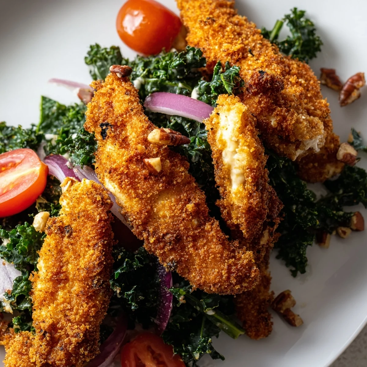 A plated Crispy Chicken Kale Salad features golden-brown breaded chicken slices, colorful vegetables, and a glossy dressing, perfect for a satisfying lunch or light dinner.