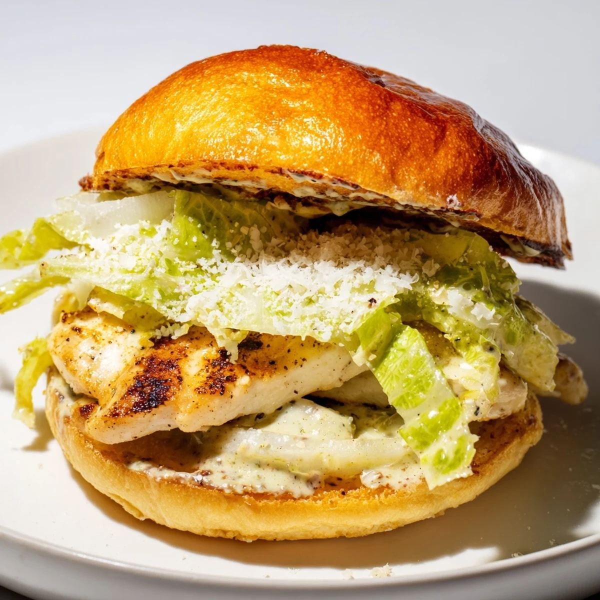 A close-up of the Caesar Chicken Sandwich on a rustic wooden board, highlighting the juicy grilled chicken, crisp romaine lettuce, and creamy Caesar dressing.