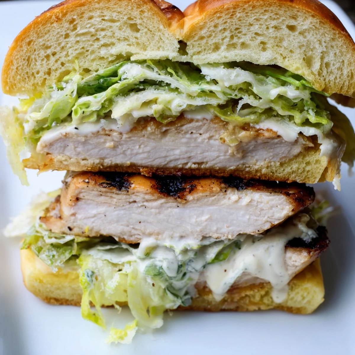 The Caesar Chicken Sandwich is served on a toasted brioche bun, featuring layers of tender grilled chicken, fresh romaine, and a sprinkle of black pepper.