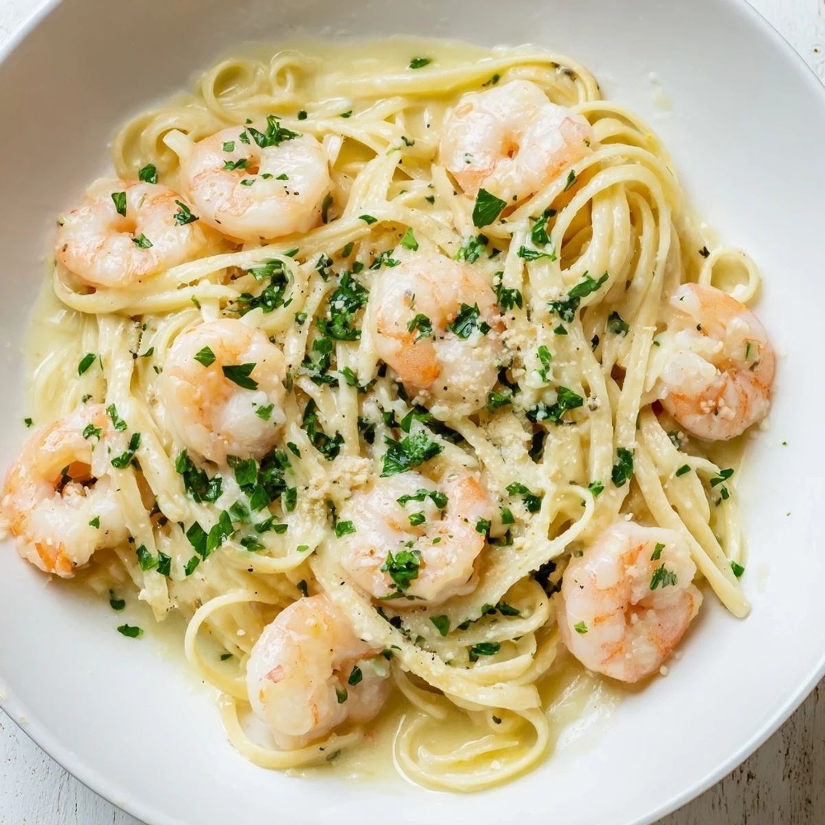 Serve Creamy Garlic Shrimp Pasta with lemon wedges and a glass of white wine for a comforting Italian-American dinner that’s ready in 30 minutes.